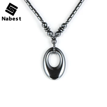 Men Women Natural Stone Hematite Hollow Oval Pendant Necklace Black Hematite Charm Choker Clavicle Chain Necklace Jewelry Gifts
