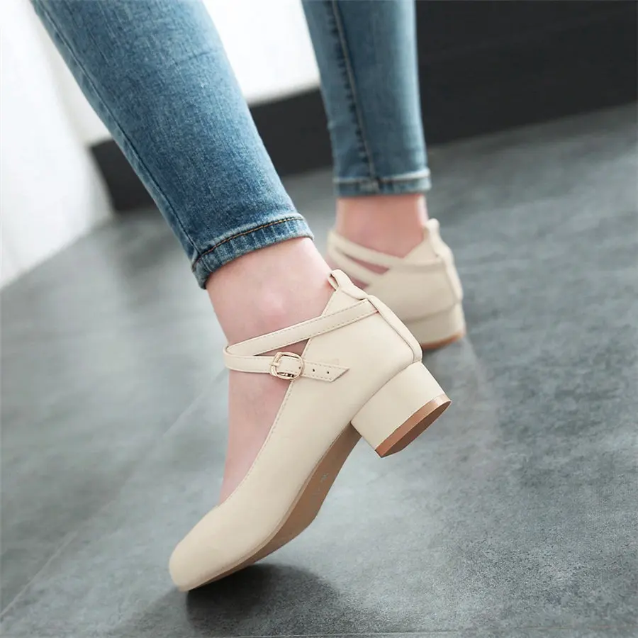 Beige Женские туфли-лодочки на низком квадратном каблуке 3 см с круглым носком; Цвет черный, белый; повседневное свадебное платье; офисные женские туфли с перекрестными ремешками на лодыжке - Цвет: Beige