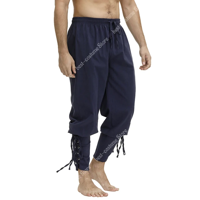 Medieval Pants for Men Pirate Viking Costume Pants Plus Size Trousers Pirate Cosplay Costume With Drawstrings deep blue
