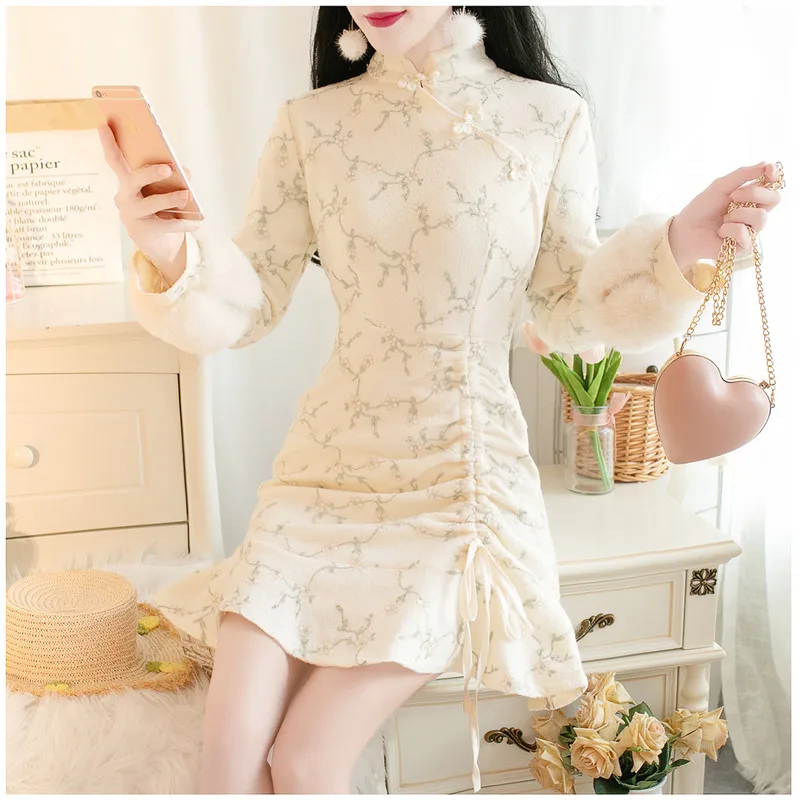 SWEETXUE зима ретро Элегантные нежные вышивка улучшенная версия Cheongsam стоячий воротник гофрированные платья на завязках для женщин