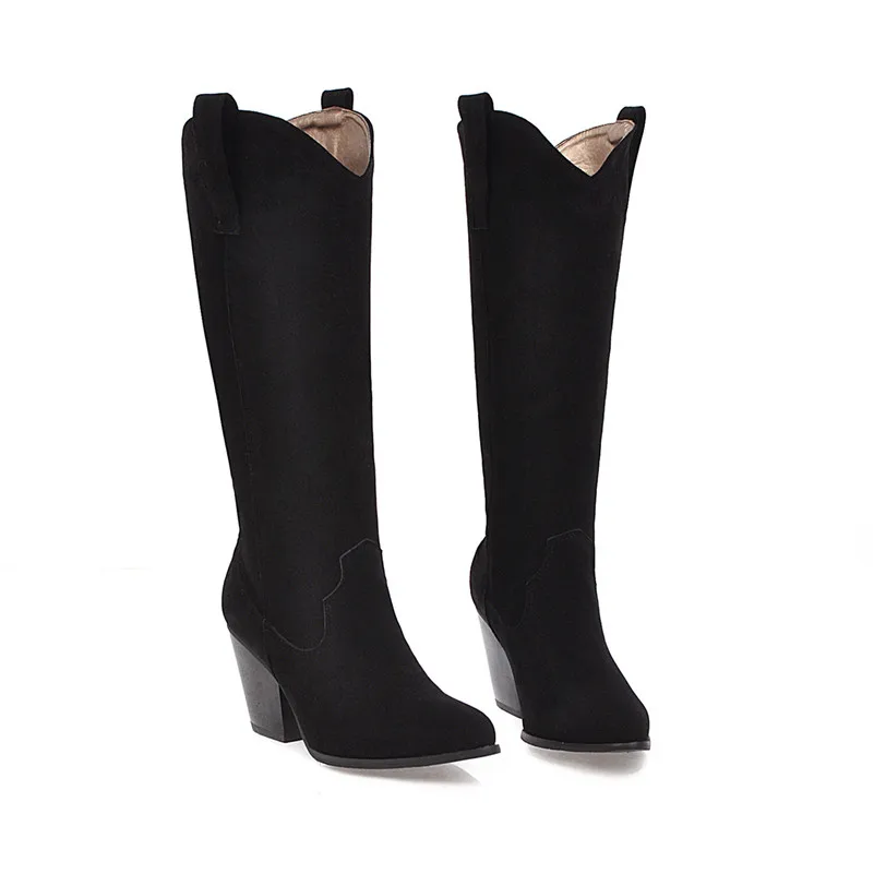 Meotina Winter Western Boots Women PU Leather Thick High Heel Knee High Boots Slip on Pointed Toe Shoes Lady Autumn Big Size 43 - Цвет: Black Flock