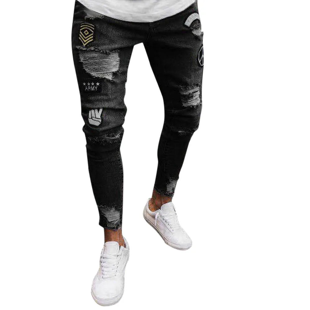 4 стиля, мужские эластичные рваные обтягивающие байкерские джинсы с вышивкой и принтом, рваные узкие джинсы, поцарапанные джинсы высокого качества - Цвет: Черный