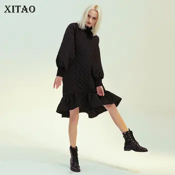 

XITAO Vintage Ruffle Black Dress Elegant Small Fresh 2019 Winter Plaid Full Sleeve Small Fresh Minority Casual Dress DMY2076