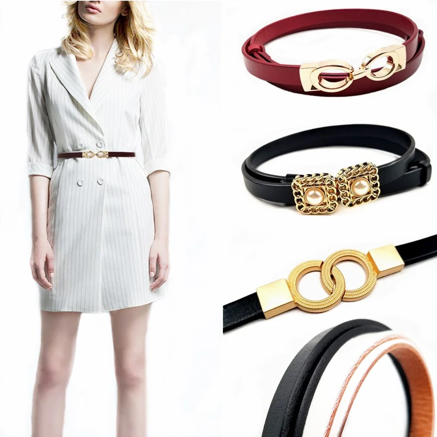 Brand Luxury Cowskin Thin Belts for Women Dresses Genuine Leather Bow