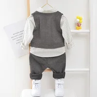 Enfants enfants Gentleman vêtements Costume anniversaire fête de mariage ensemble élégant bébé garçon tenue décontracté chemise rayée gilet pantalon Costume 5