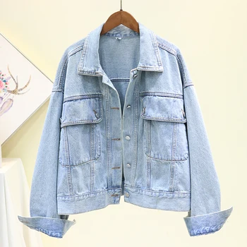 

Light Blue Pocket Short Denim Jacket Women 2020 Spring Loose Long sleeve Jeans Jacket Basic Coat Female Chaqueta Mujer Outerwear