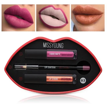 

Makeup kit big mouth Lip Gloss 3 in 1 Lip Pencil Lipstick Matte shimmer waterproof lasting Lip Gloss set