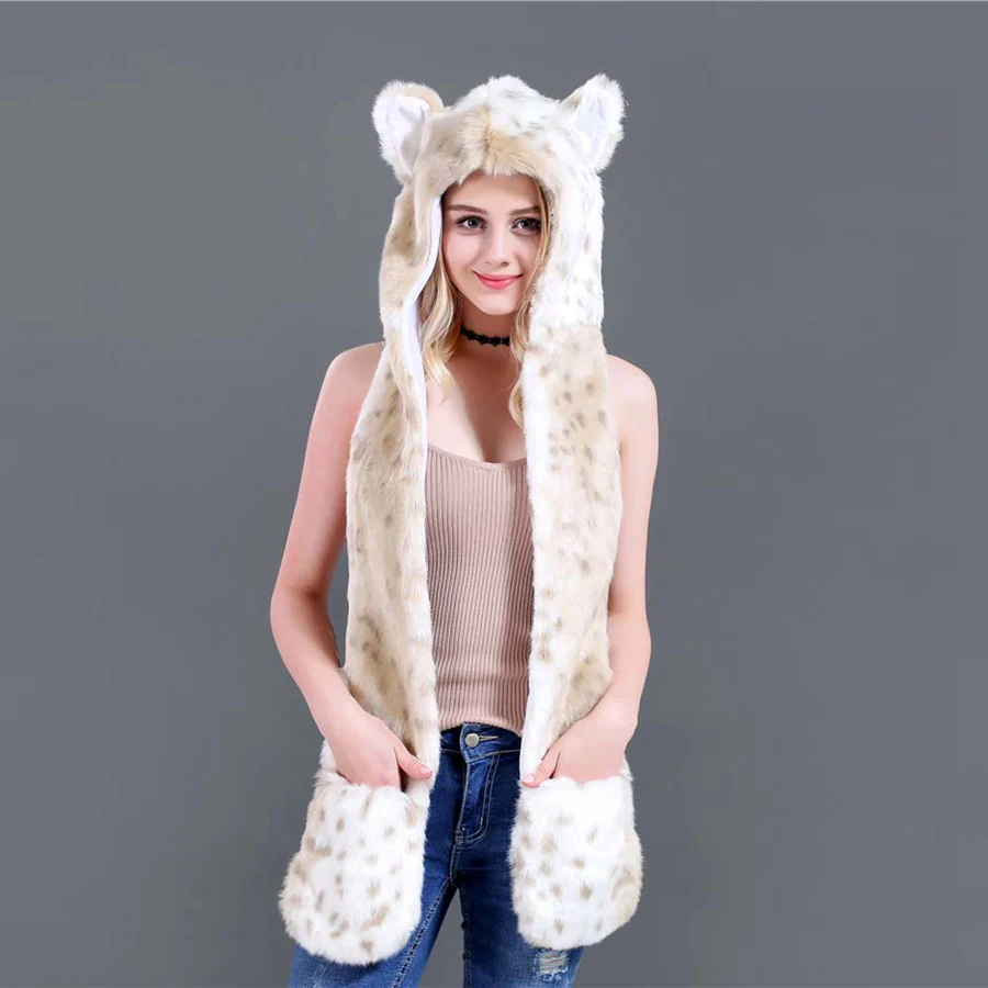 Модная зимняя шапка с ушками животных, шапка из искусственного меха, пояс, шарф и комплект перчаток для мужчин и женщин, капюшон волка тигра