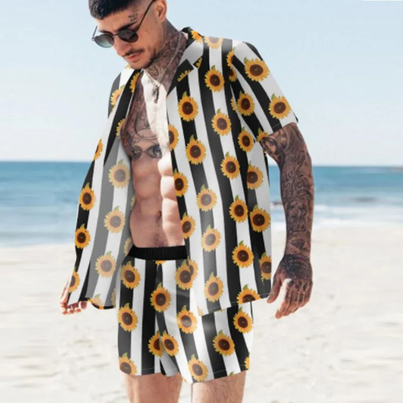 Summer Men Hawaiian Sets Printed Breathable Lapel Short Sleeve Shirtelastic Waist Beach Shorts Streetwear Casual Men Sets 2 Piec - Image 5