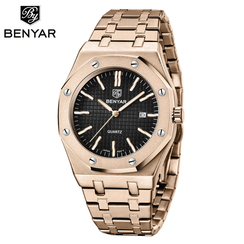 BENYAR мужские часы лучший бренд класса люкс водонепроницаемые Бизнес кварцевые наручные часы из нержавеющей стали для мужчин часы мужские часы Relogio Masculino - Цвет: gold black
