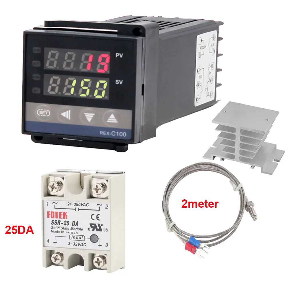 REX-C100 цифровой RKC термостат pid регулятор температуры цифровой REX-C100/25A 40A SSR реле/К термопары зонд/радиатор - Цвет: 25DA 2M