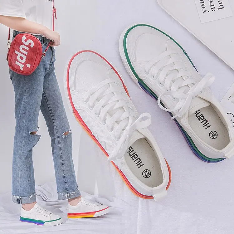 

White Shoes Women's 2019 Summer New Style Korean-style Students Flat Low Top Sneakers Versatile Western Style Canvas Rainbow Sho