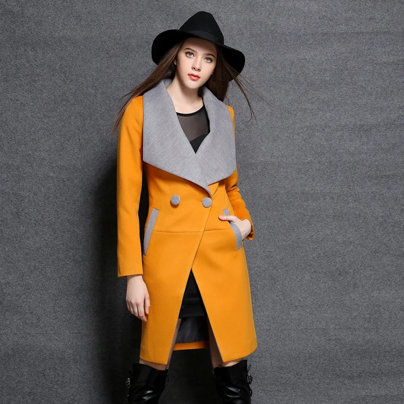 2018 осеннее зимнее корейское женское двубортное шерстяное пальто желтого, красного, серого цвета, Женское пальто, женское тонкое шерстяное