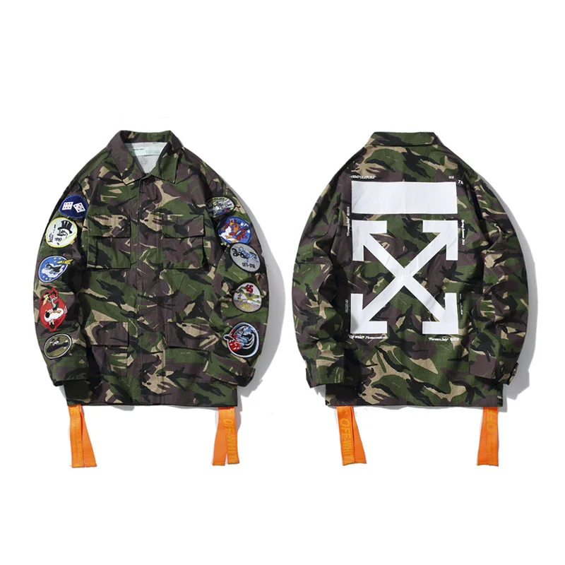 

Europe And America 19ssoff Ow White Camouflage Embroidered Decoration Workwear Couples Loose-Fit Medium-length Shirt Jacket