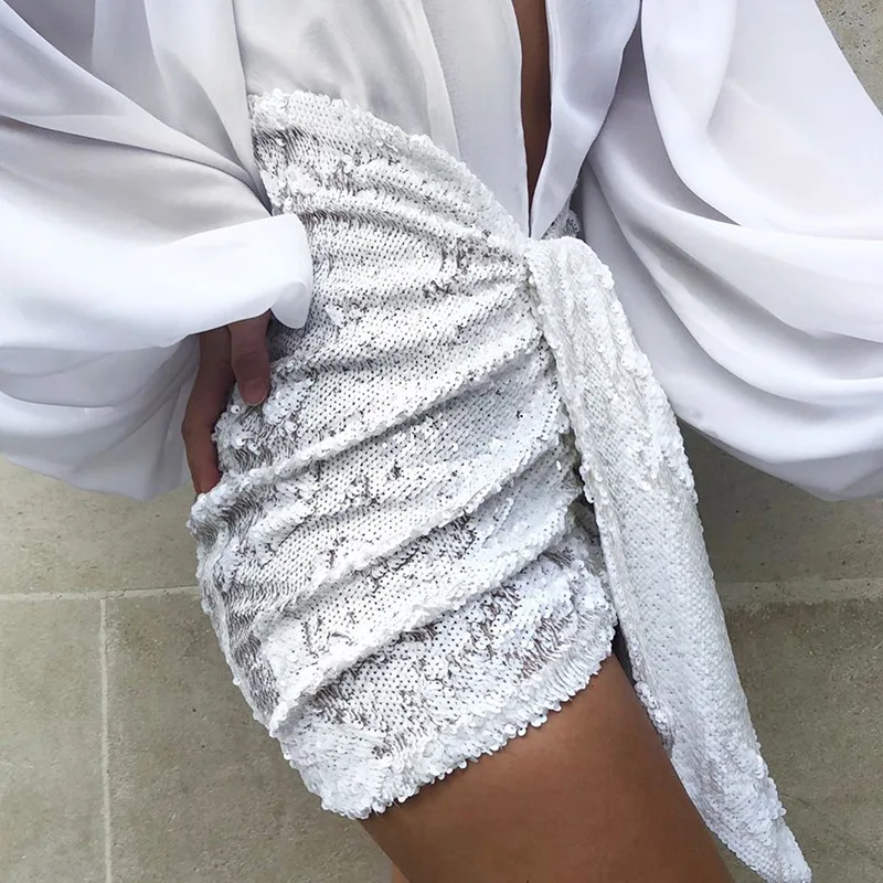 

POGMNGAT Sexy Women skirts high waist sequin skirt white pleated skirt Club Fashion woman skirts 2020 short skirts womens