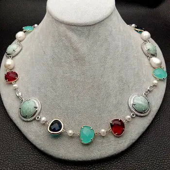 

White Pearl Bezel Set Green A1mazonite Multi Color Crystal Chain Necklace 23"