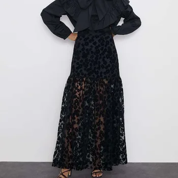 

Loose Perspective Skirts Women Fashion Mesh Embroidery Skirt Women Elegant Zipper Female Ladies Lace Ankle-Length Moda Mujer2020