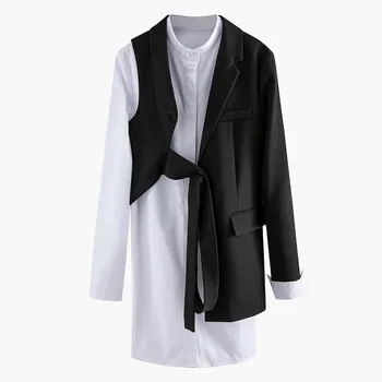 

Women Black Asymmetrical Two Piece Blazer New Lapel Long Sleeve Loose Fit Jacket Fashion Tide Spring Autumn 2020 Women V528