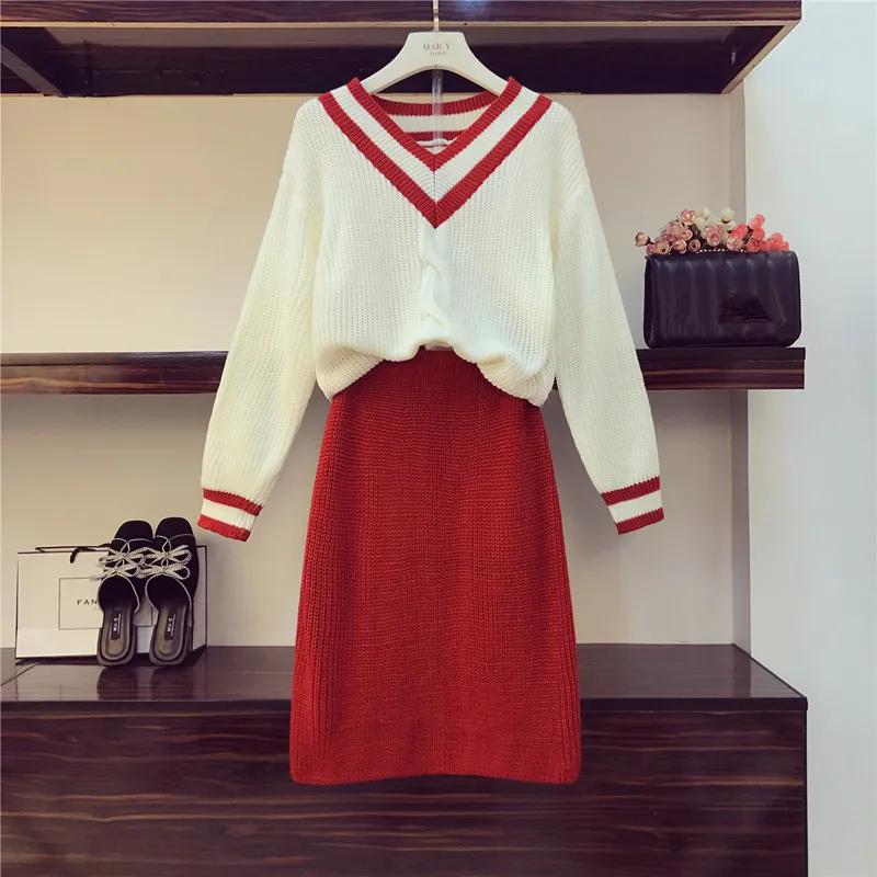 

Autumn Winter New Oversize Twist Sweater T wo piece set Women Fashion V-neck Loose Pullover Tops and Red Knit Skirt Suit