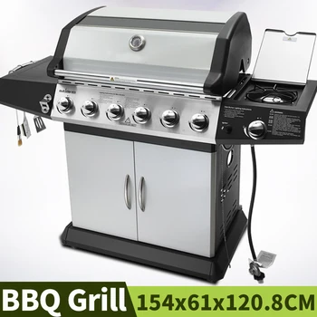 

Outdoor Home Mobile BBQ Grill Multi-function Garden Barbecue Stainless Steel Courtyard Gas Burn Oven With Thermometer And Wheels