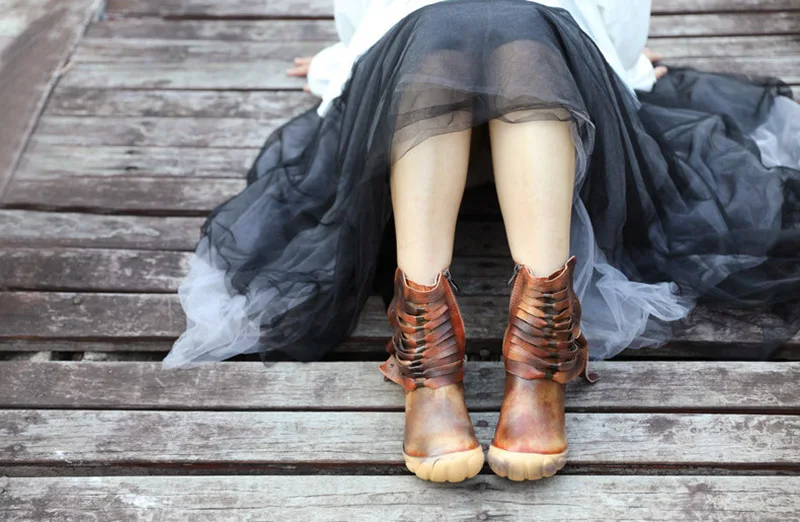 new flat women's shoes, leather leather women's boots, vintage mid-heeled boots, spring and autumn single boots