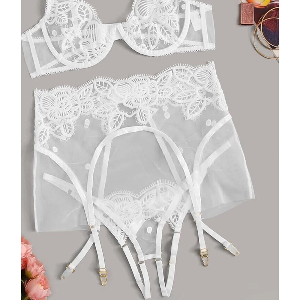 3PCS Set Women's Sexy Babydoll Underwear Lace V neck Bra High waist Garter Belt G-string Sets Nightwear - Цвет: Белый