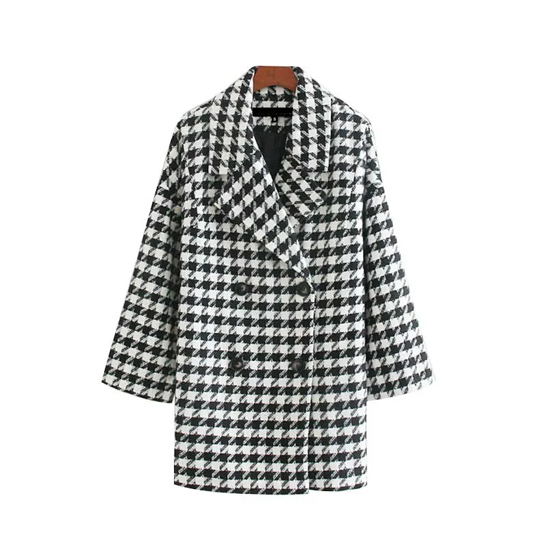 

Houndstooth Women Jacket Winter Vintage Side Pockets Plaid Women Coats and Jackets Double Breasted Long Sleeve Chic Tops