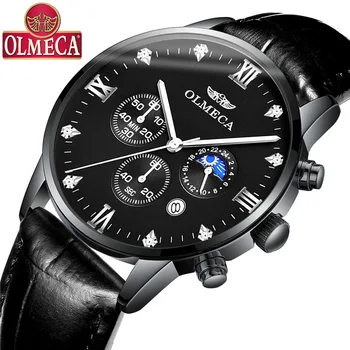 

OLMECA Business Men's Sports Watch Luxury Chronograph Wristwatch Man Date Clock High Quality Leather Strap Quartz Watches Hour
