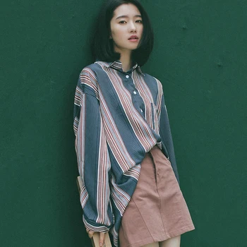 

2019 Women Fashion Cotton Shirt Striped Turn-down Collar Loose All-Match Casual Female Shirts
