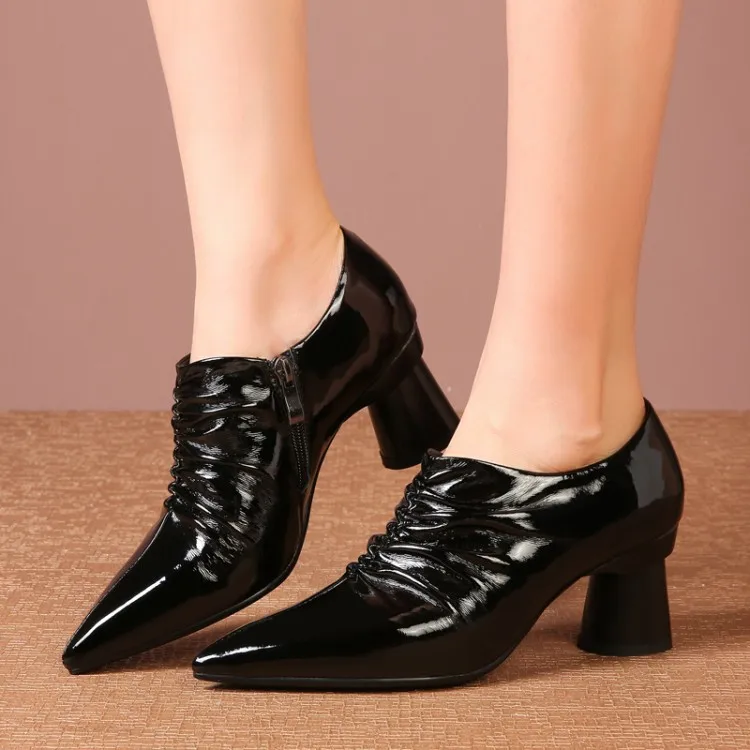 

2019 Autumn & Winter Pointed-Toe Side Zipper Solid Color Full-grain Leather Chunky-Heel Semi-high Heeled Solid Color Simple Comm