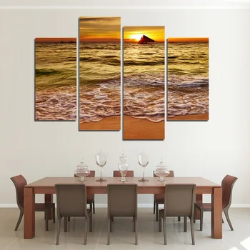 

4 Panel Canvas Printed Golden Yellow Seascape Modular Pictures Wave Picture Sunset Beach Canvas Prints