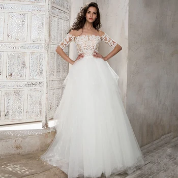 

Exquisite O-neck Tulle Wedding Gowns 2020 Sweep Train Lace Applique Half Backless Sleeve A-line Bridal Dresses