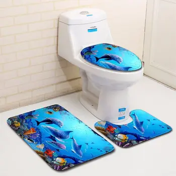 

3D dolphin ocean bathroom floor mats toilet set foot pad 3pcs non-slip water-absorbing bathtub floor rug sponge doormat