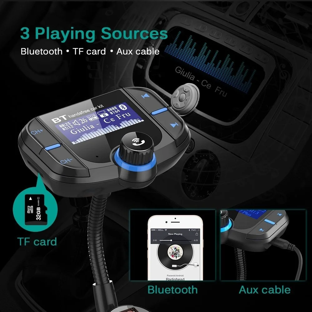 Bluetooth fm-передатчик с QC 3,0 беспроводной адаптер для автомобильного радио громкой связи с 1,7 дюймовым дисплеем и двойной зарядное устройство usb
