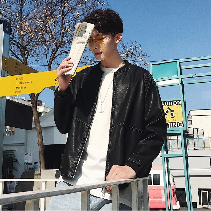 

Autumn New Leather Jacket Men Slim Fashion Solid Color Casual Baseball Uniform Jacket Man Streetwear Wild Hip Hop Bomber Jacket