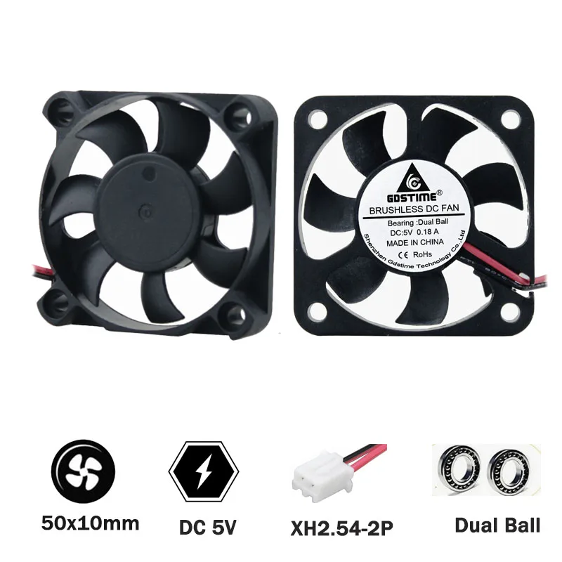 

2 pcs GDSTIME 5010 50 * 50 * 10mm 5V cooling fan 2PIN 50mm 5cm 2inch Industrial laptop dual ball cooling fan