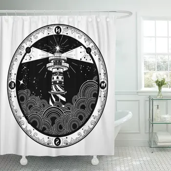 

Lighthouse Tattoo and Rose Compass Symbol of Meditation Hiking Adventures Graphic Style in The Storm Bathroom Curtain Waterproof