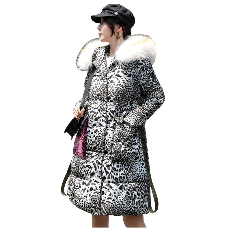 Шикарное меховое пальто с леопардовым принтом, зимнее пуховое пальто, тяжелая куртка, плотная Теплая стеганая парка с хлопковой подкладкой, большие карманы