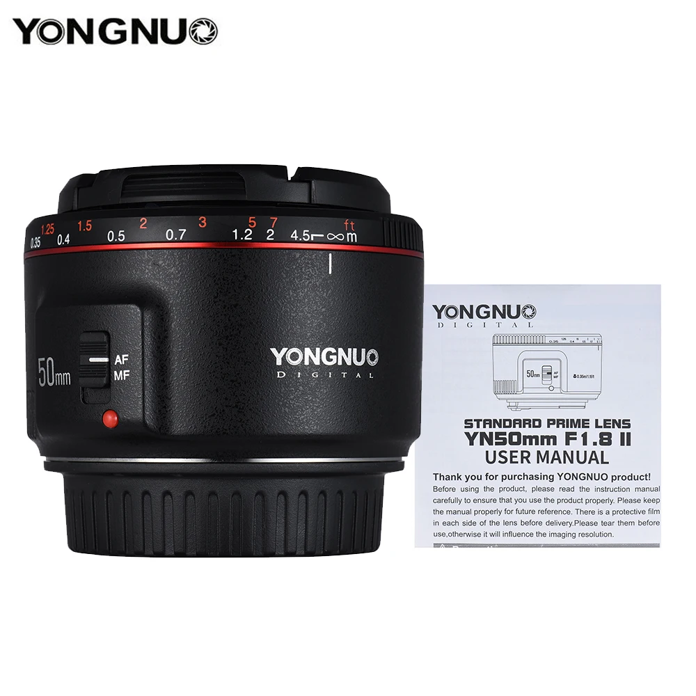 Светодиодная лампа для видеосъемки YONGNUO YN50mm F1.8 II Стандартный объектив с фиксированным фокусным расстоянием большой апертурой Автофокус 0,35 ближайший фокусное Длина для цифровой однообъективной зеркальной камеры Canon EOS 5DII 5diii 5DS 5DSR