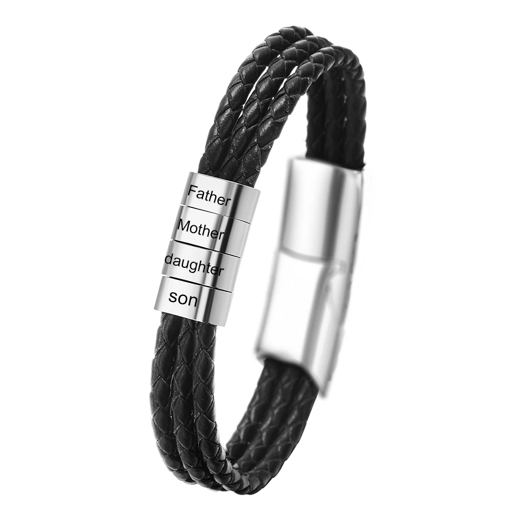 Genuine Leather Rope Braided Bracelet for Women Stainless Steel Custom Personalized Engrave Name Men Jewelry Family Lovers Gifts vnox personalized engrave diease names ice info medical necklaces stainless steel dog tag id pendants custom health accessory