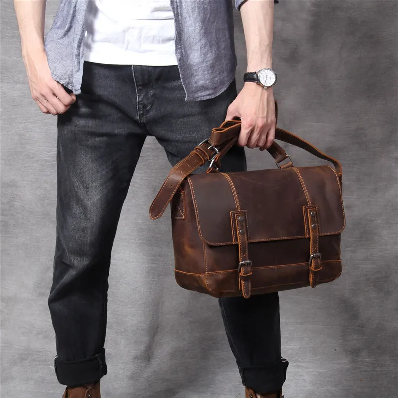 PNDME business casual crazy horse cowhide men's women's briefcase fashion vintage genuine leather laptop A4 messenger bags