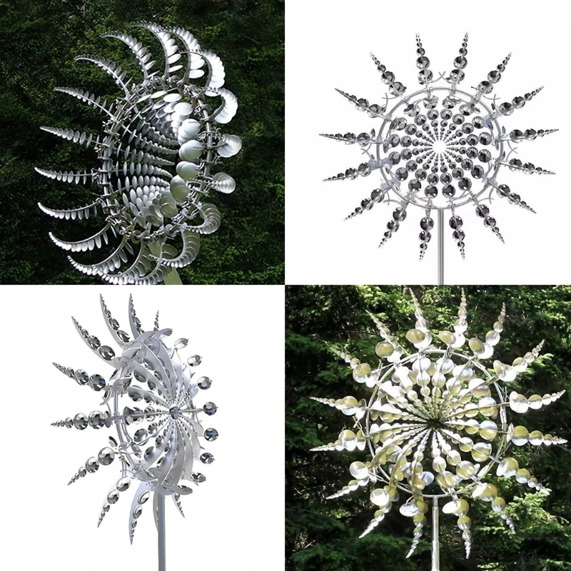 Creative Unique Metal Windmill Geometric Pattern Wind Spinner Catcher Kinetic Chimes with Stake Ornament Garden Decor |