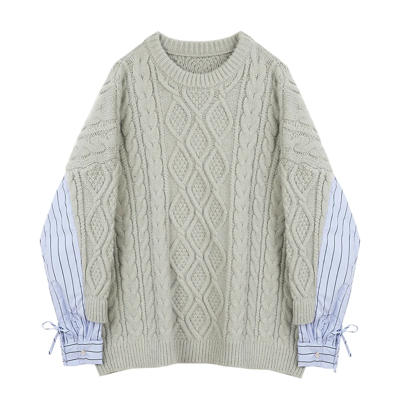 [EAM] Striped Big Size Knitting Sweater Loose Fit