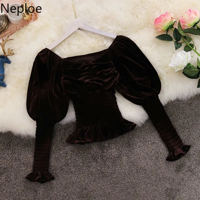 Neploe ретро-фонарь с длинным рукавом, короткая блузка для женщин с вырезом лодочкой, приталенная плиссированная блузка, осенняя Сексуальная Однотонная рубашка, топ 46922