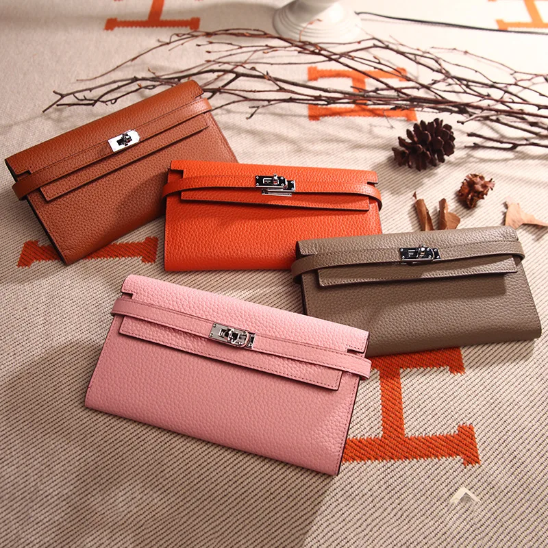 

Genuine Leather Litchi Pattern Lock Purse Hasp Wallet Women Fashion Trendy High Quality Drop Shipping Multi Function Bank Card