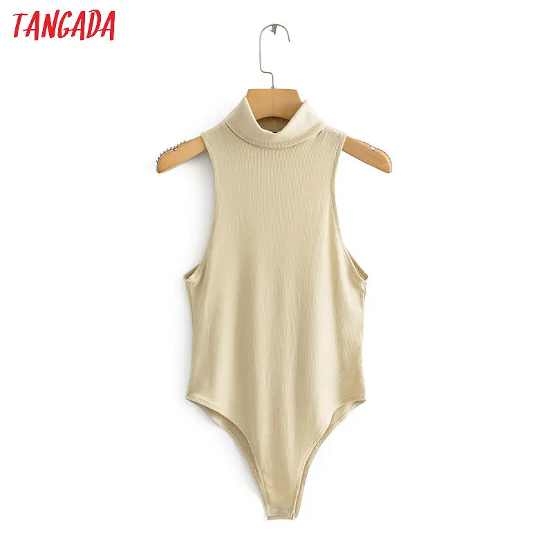 

Tangada women sexy beige sleeveless turtleneck bodysuit big stretchy european fashion solid shirt playsuit QJ102