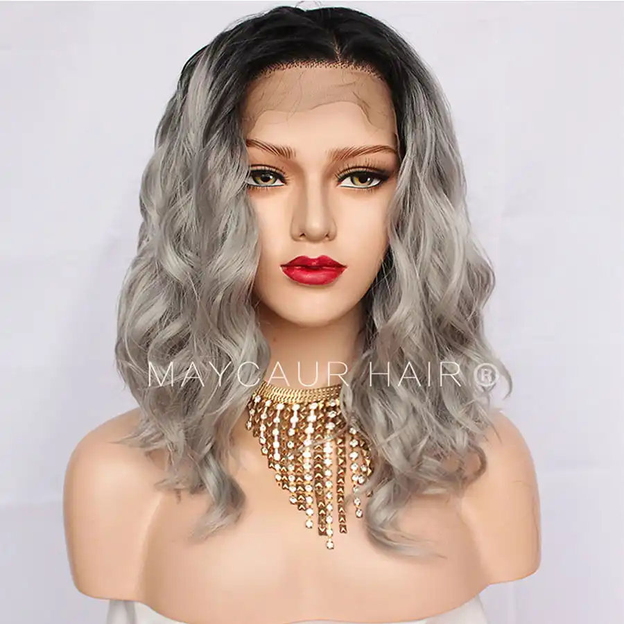 2 Tones Black Ombre Green Synthetic Lace Front Wigs Heat Resistant