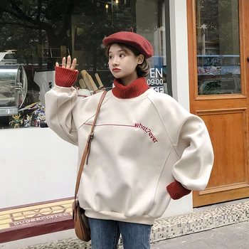 

Hoodies Women Kawaii Turtleneck Letter Printed Sweet Patchwork Fashion Casual Harajuku Korean Style Womens Pullovers All-match