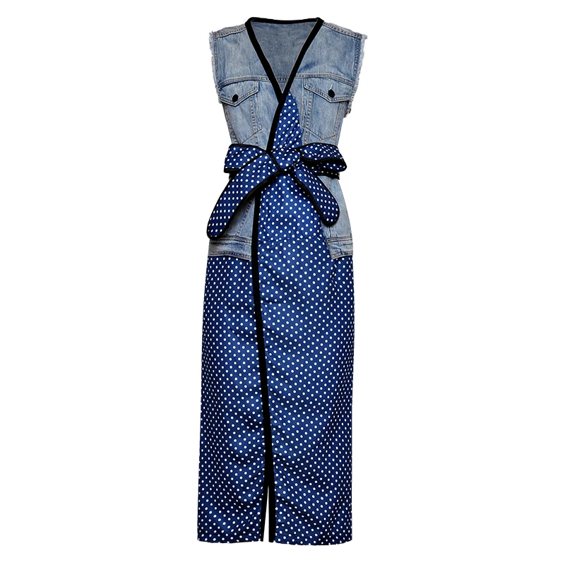 

Polka Dot Denim Dress Sleeveless V Neck Patchwork Runway Sexy Print Midi Autumn Summer Lace Up Slit Tunic Dress Women Vestidos