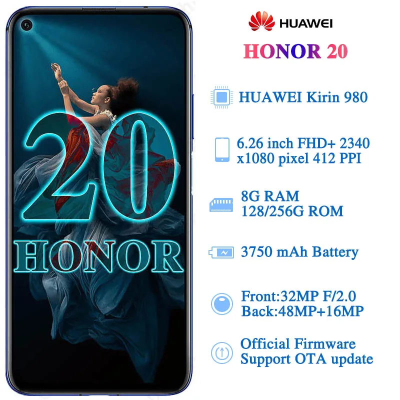 Мобильный телефон Honor 20, 8 ГБ, 128 ГБ/256 ГБ, супер зарядка, NFC Kirin 980, четыре ядра, 6,26 дюймов, емкостный экран, 3750 мАч